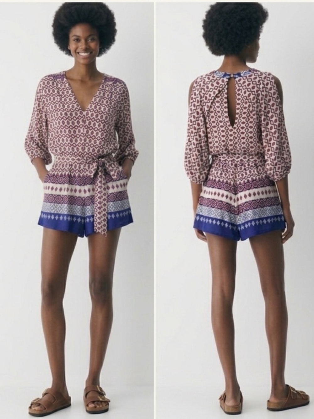 AVA New Boho Tribal Shorts Romper Jumpsuit V-Neck Festival Belt Neutral Summer S